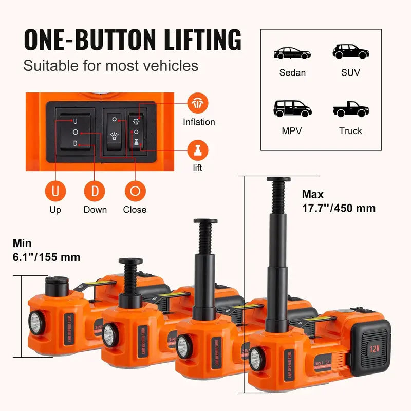 Powerful Electric Car Jack|Portable Car Lift with Built-in Inflatable Pump|Hydraulic Jack with Electric High-efficiency Impact Wrench