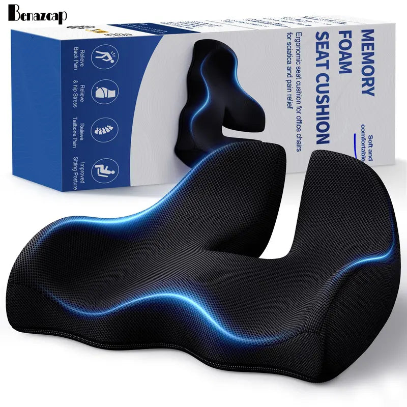 Benazcap Ergonomic Memory Foam Seat Cushion for Office, Gaming Chair, & Car, Pressure & Sciatica Pain Relief, Sitting Comfort Healthy Spine Alignment